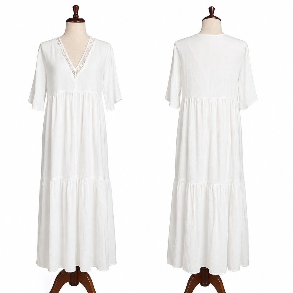 White Boho Maxi Dress L Oversized Cottagecore Euro Summer Mediterranean Resort
